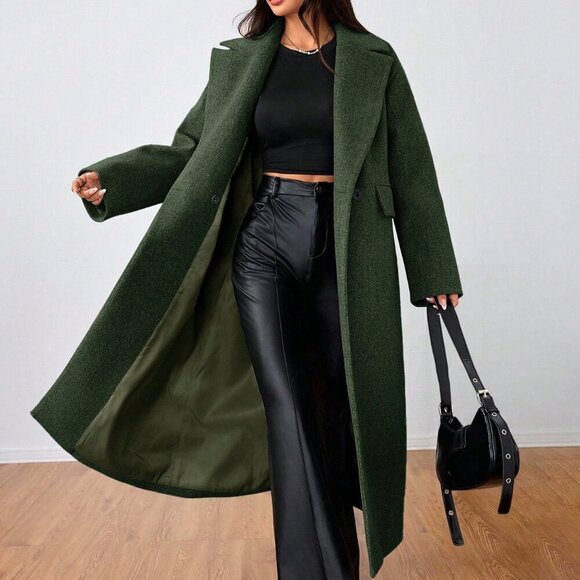 Army Green Casual Women's Lapel Long Coat - Picture 6 of 6